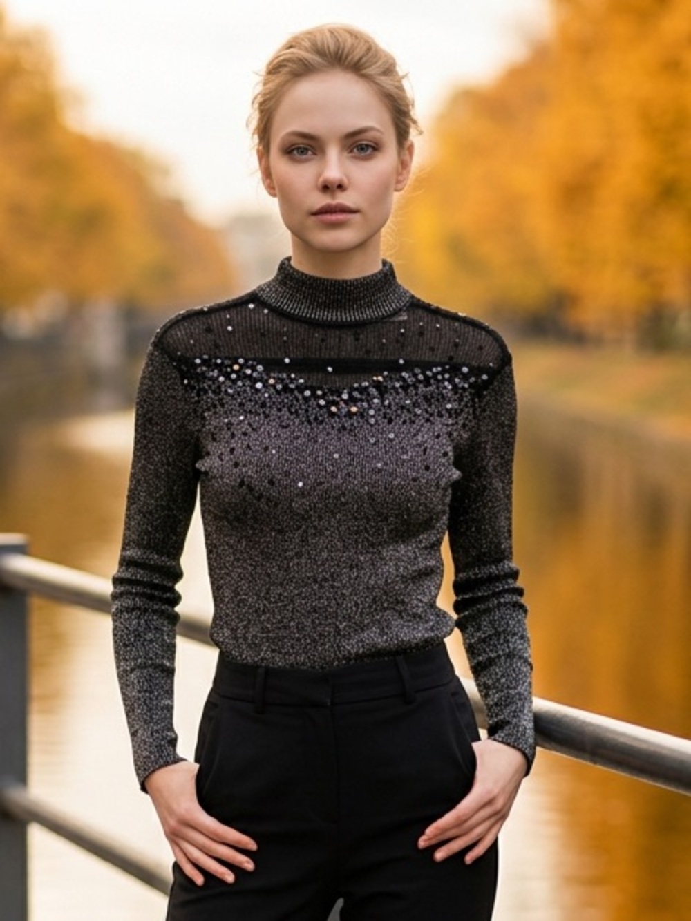 Lauren Michelle Womens Black Solid Rib-Knit Mock Neck Beaded Sequin Sweater L